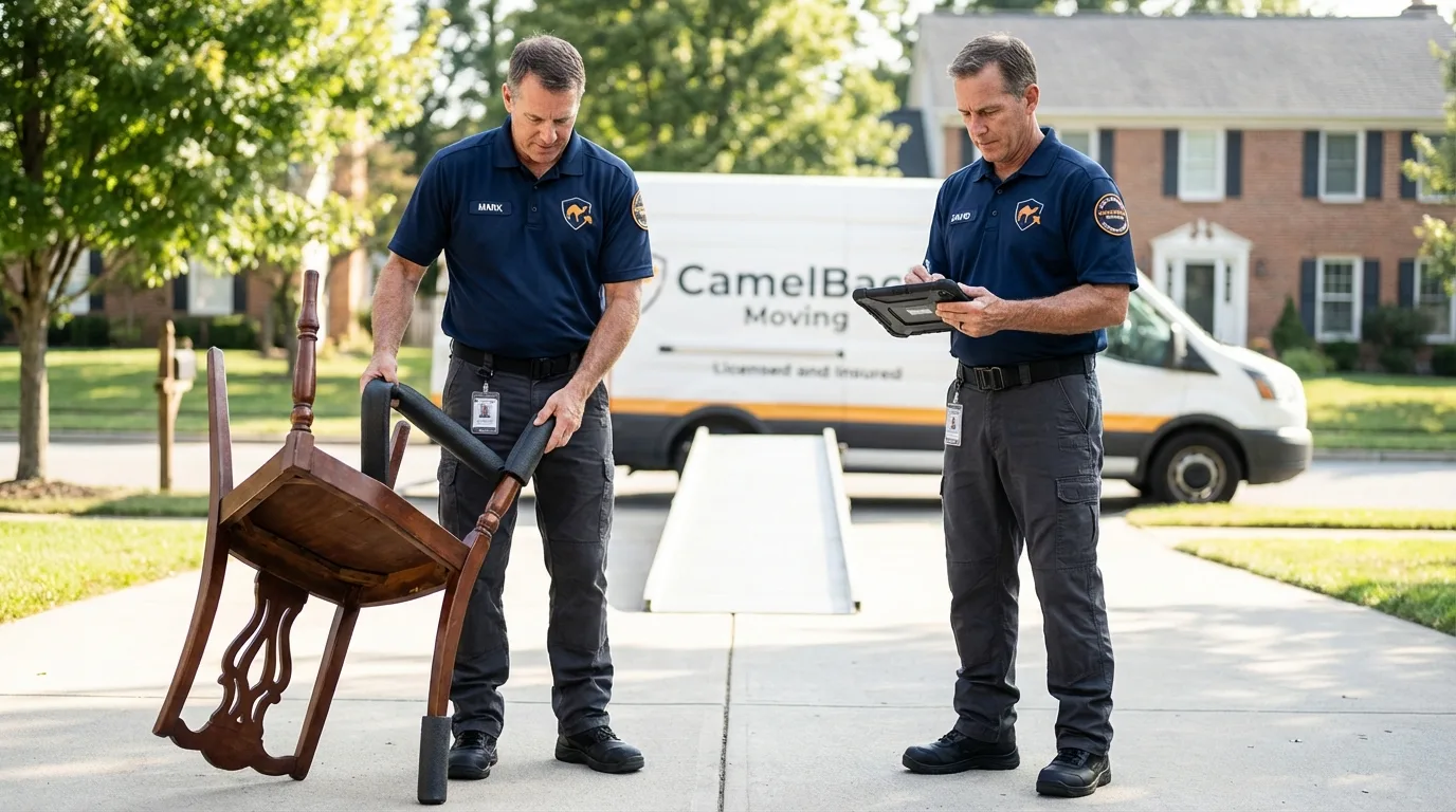 Movers inspecting furniture for damage prevention before loading in Norton, VA